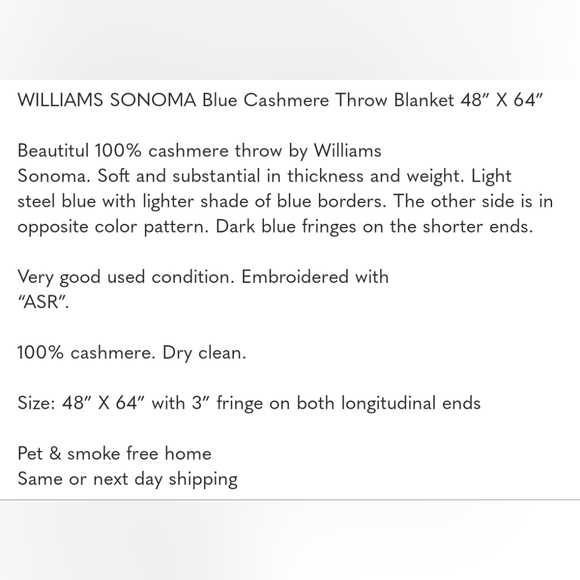 WILLIAMS SONOMA Blue Cashmere Throw Blanket 48” X 64” - Picture 7 of 7
